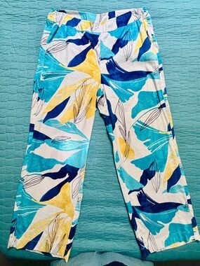 Chico's Wide-Leg Linen Blend Pants with Tropical Blue & Yellow Print